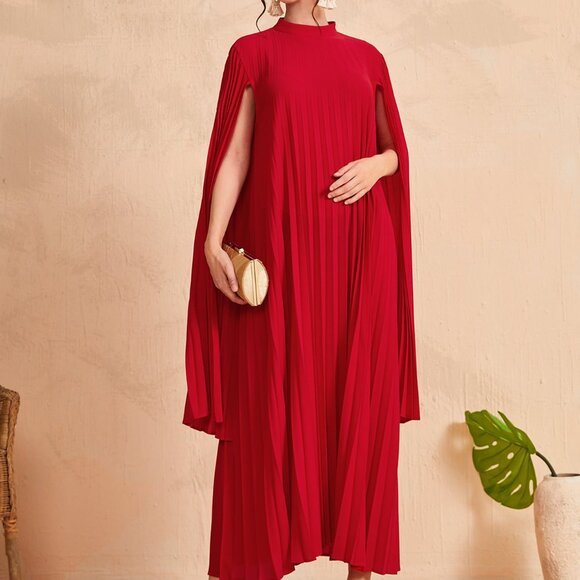 Red Party Women's Stand Collar Cloak Sleeve Dress - Picture 4 of 6